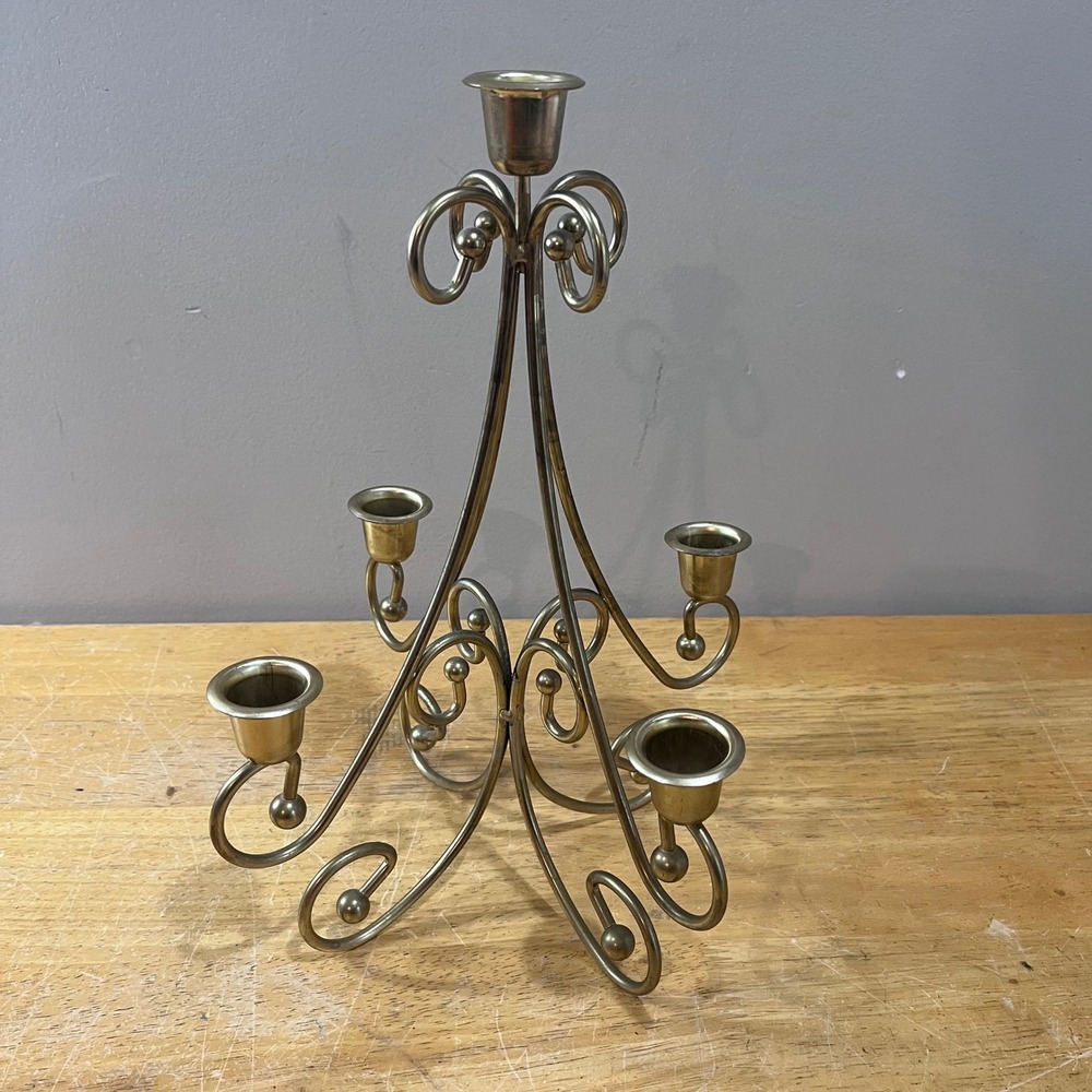 Vtg Brass Tone 5 Light Candelabra Scroll Design Taper Candle Holder 12.5"‎ Tall